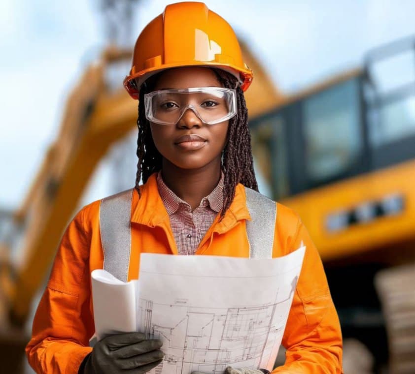 Une apprenante en tenue de chantier, casque et lunettes de protection, tient un plan